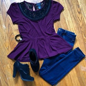 Black Lace Plum Short Sleeve Ruffle Blouse-Small